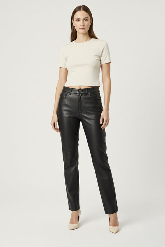 Black Lora Regular Waist Straight Leg Women's Genuine Leather Trousers