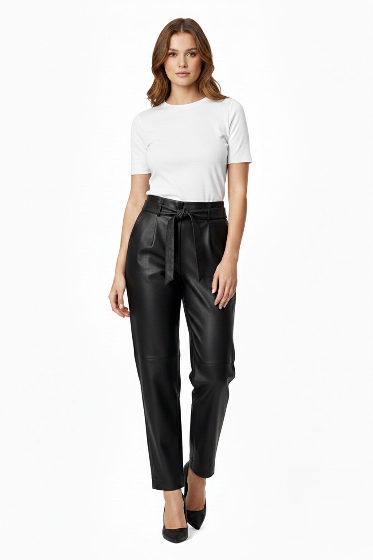 Black Women's Carrot Cut Belted Lined Genuine Leather Pants with Front Pockets
