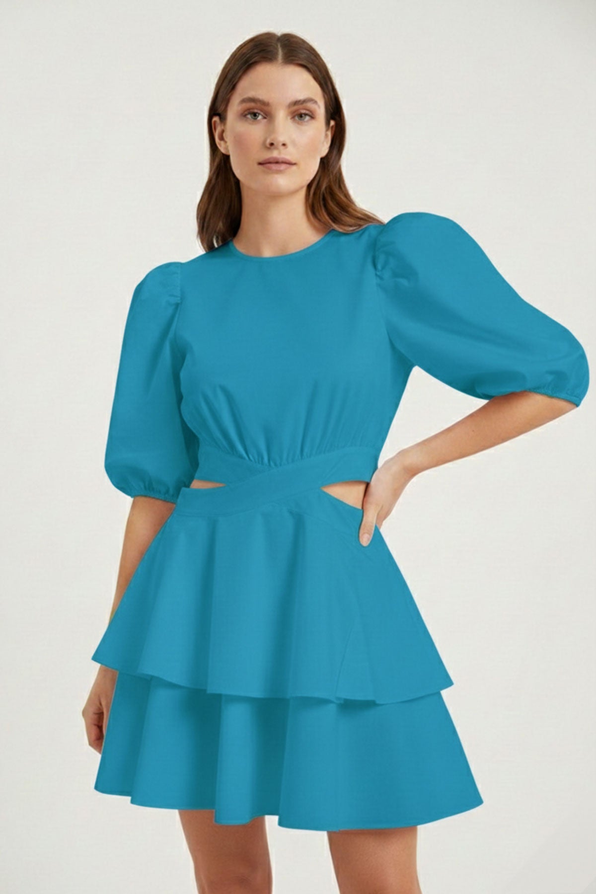 Blue Mini Dress Waistline and Ruffled Trim