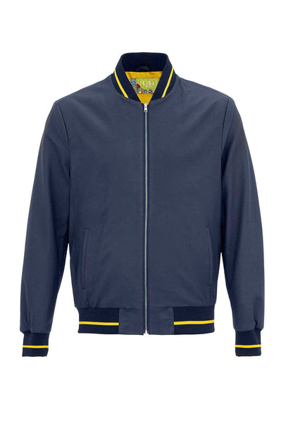 Navy Ribbed Genuine Leather Bomber Jacket