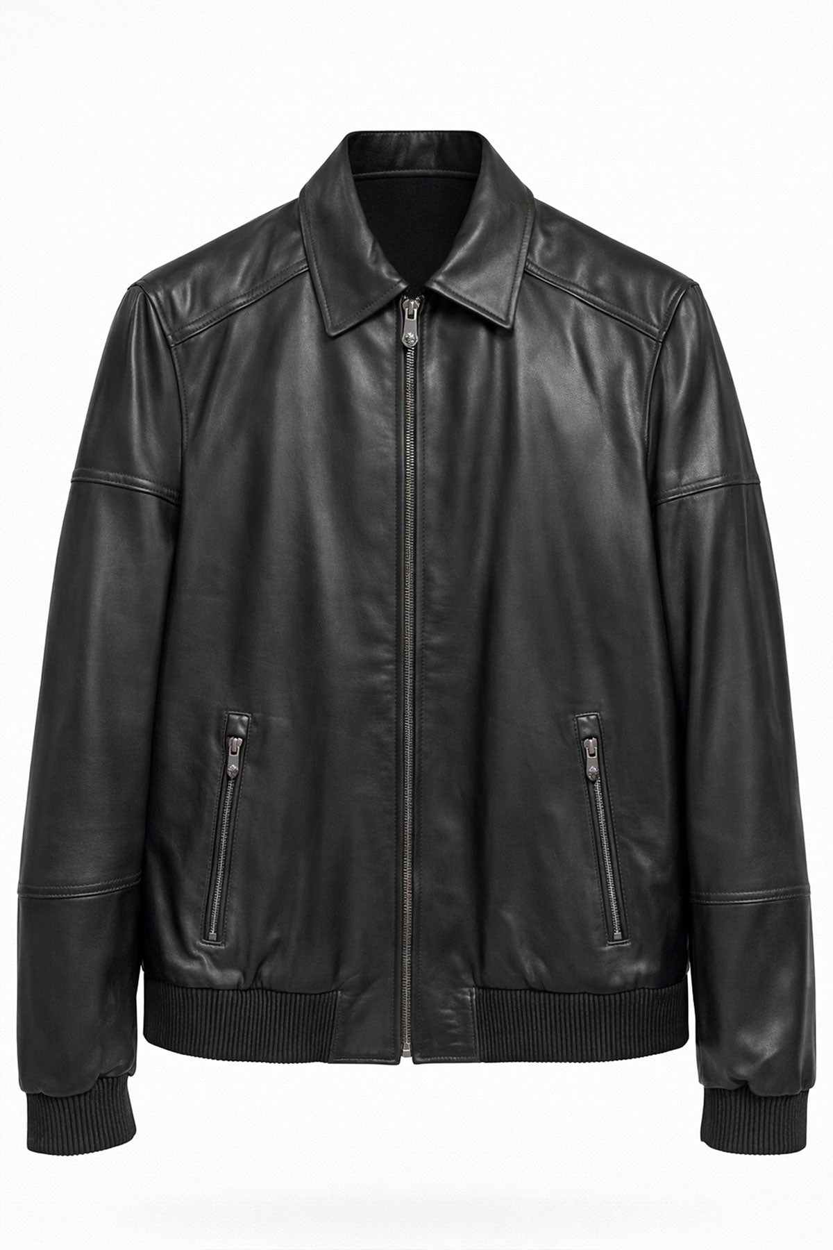 Black Classic Collar Genuine Leather Jacket