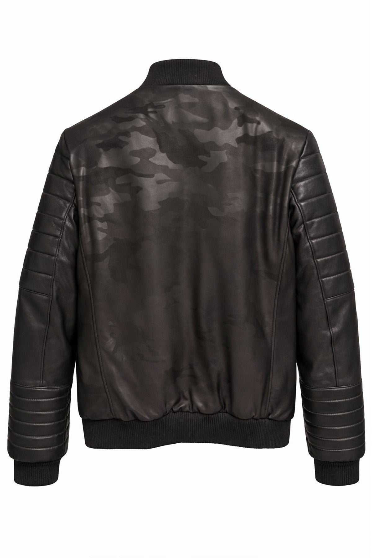 Black Camouflage Textured Genuine Leather Jacket