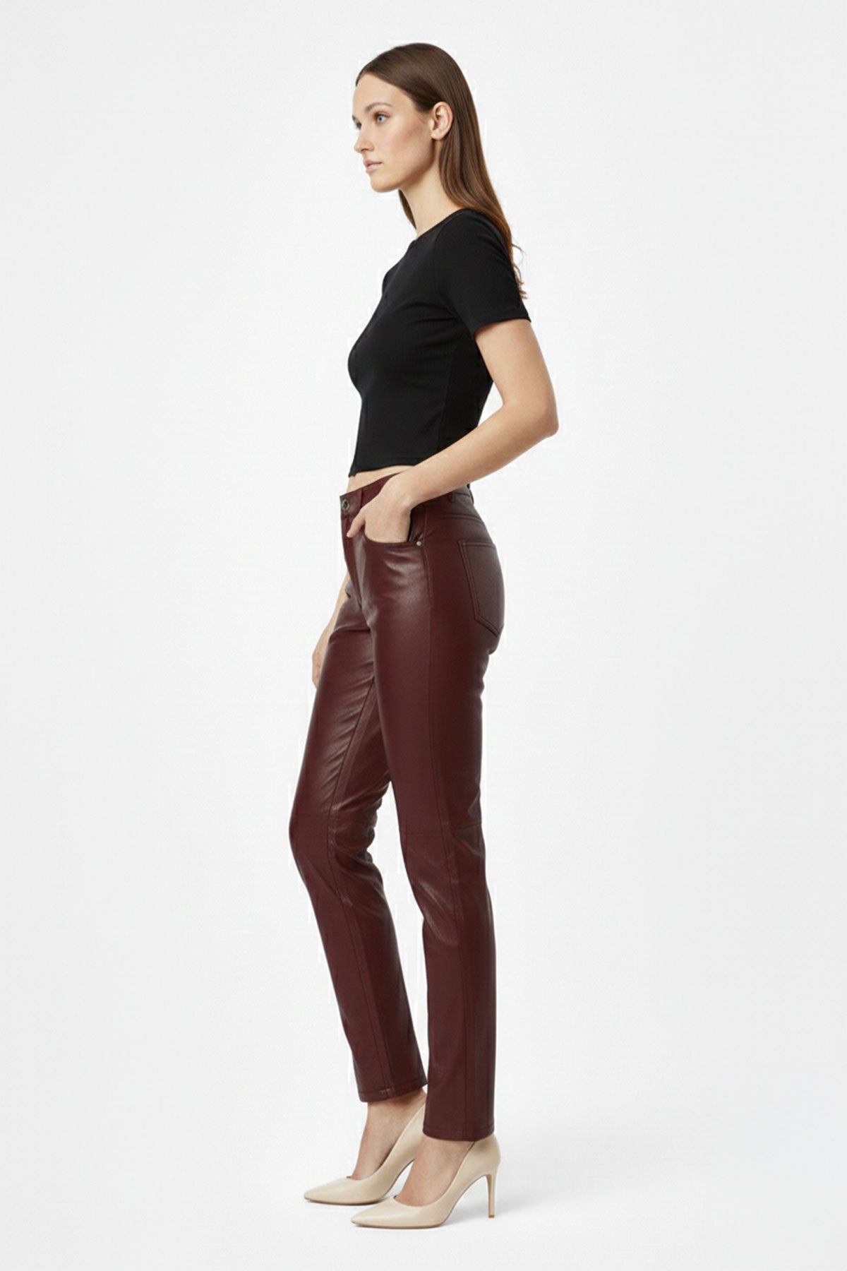 Burgundy Lora Regular Waist Straight Leg Women's Genuine Leather Trousers