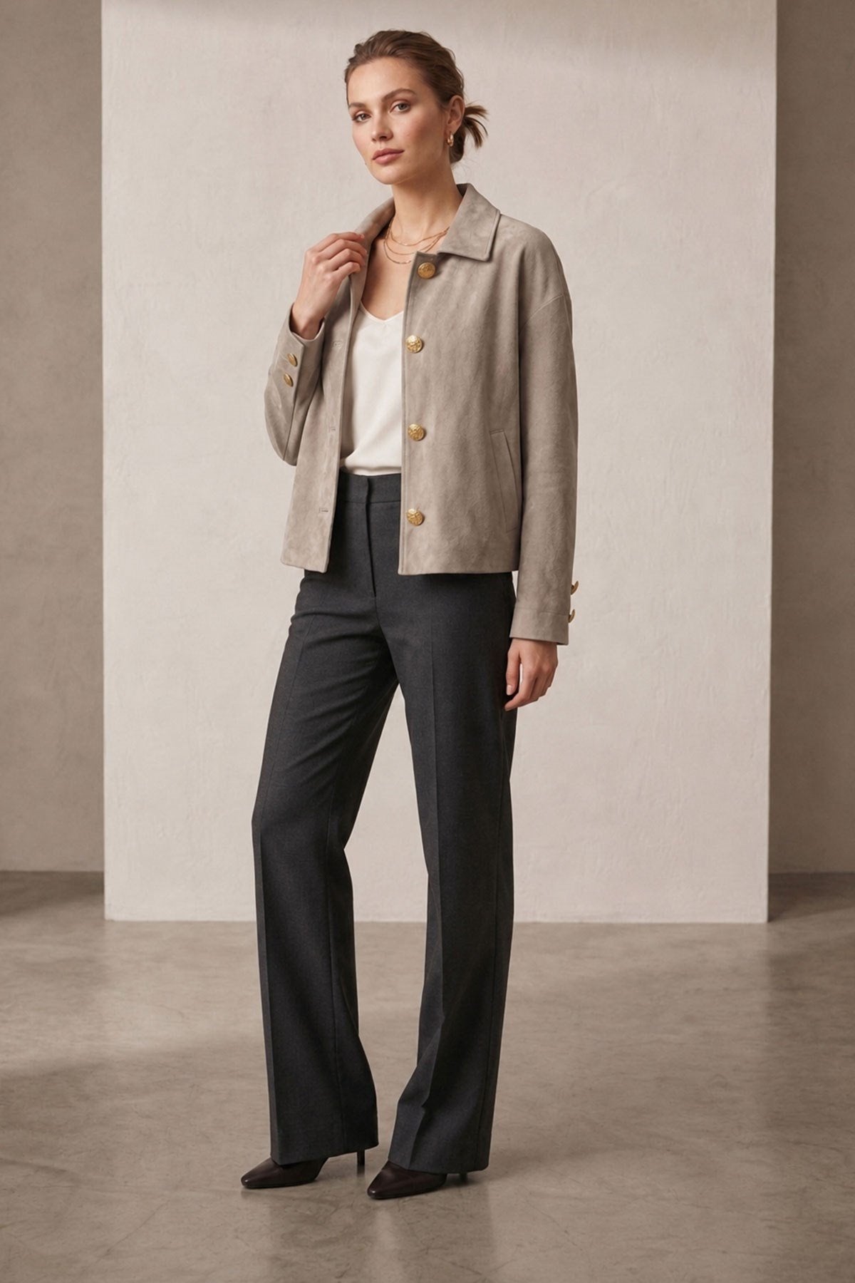 Light Mink Suede Women's Genuine Leather Classic Collar Button-Up Jacket