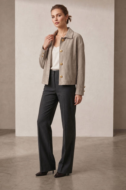 Light Mink Suede Women's Genuine Leather Classic Collar Button-Up Jacket