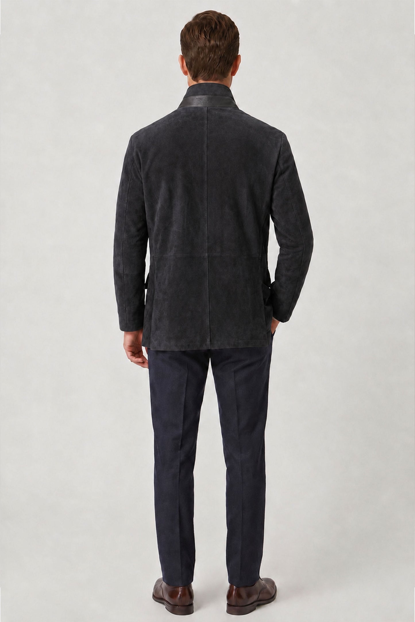 Black Felix Men's Lined Slim Fit Narrow Cut Zippered and Buttoned Blazer Genuine Suede Jacket