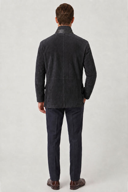 Black Felix Men's Lined Slim Fit Narrow Cut Zippered and Buttoned Blazer Genuine Suede Jacket