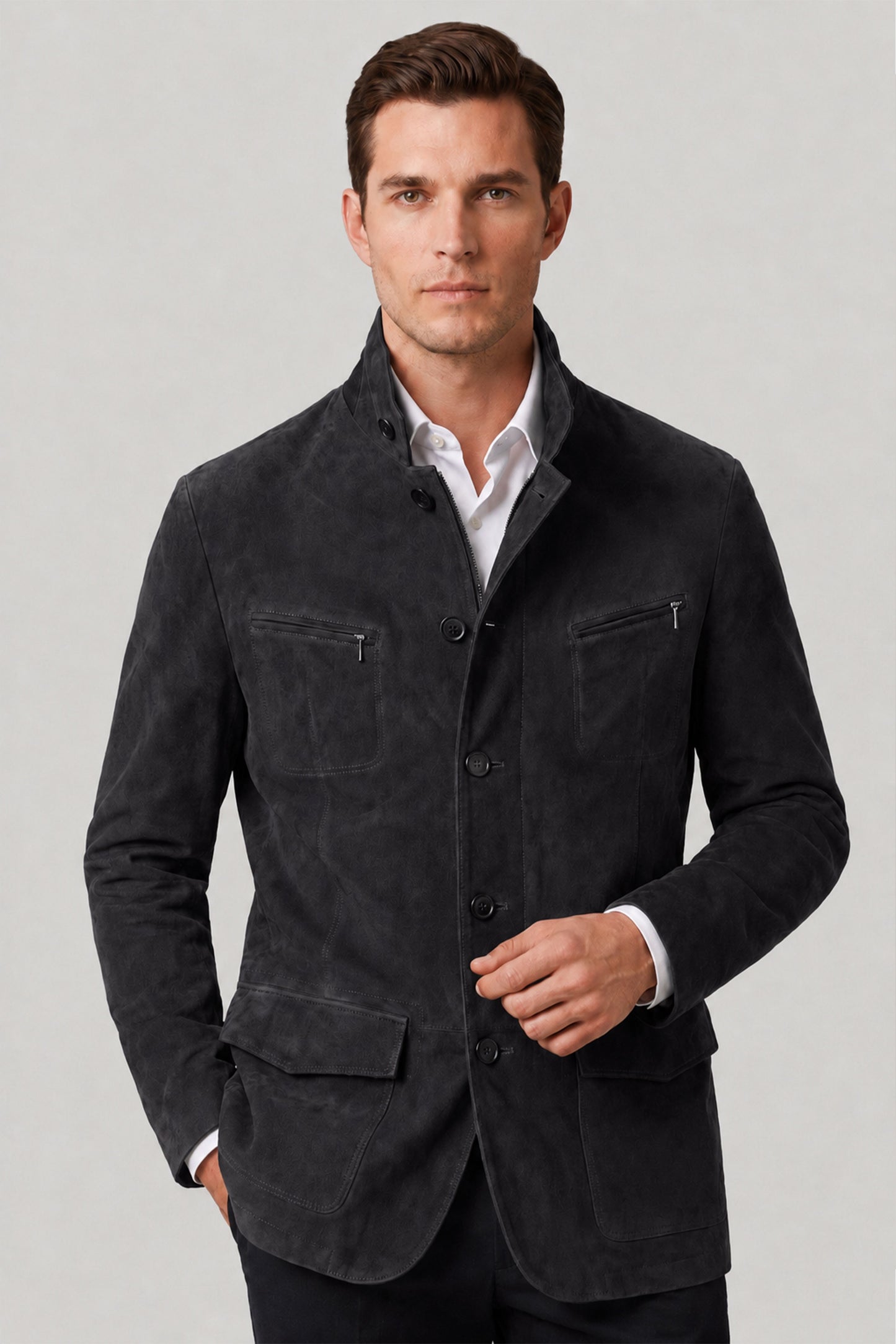 Black Felix Men's Lined Slim Fit Narrow Cut Zippered and Buttoned Blazer Genuine Suede Jacket