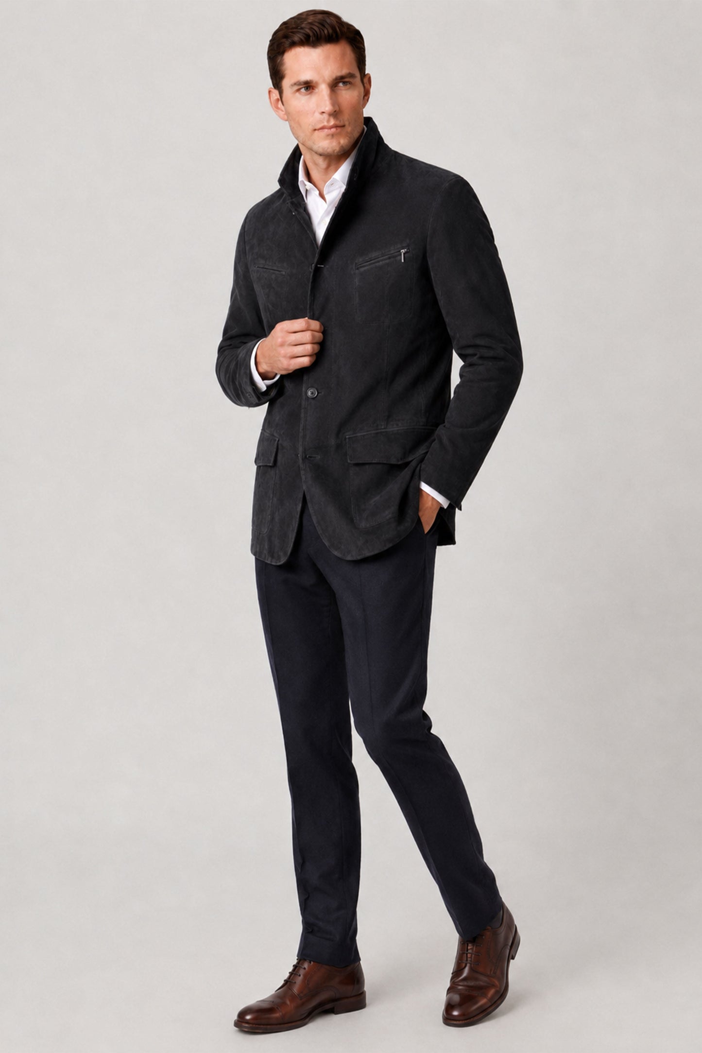 Black Felix Men's Lined Slim Fit Narrow Cut Zippered and Buttoned Blazer Genuine Suede Jacket