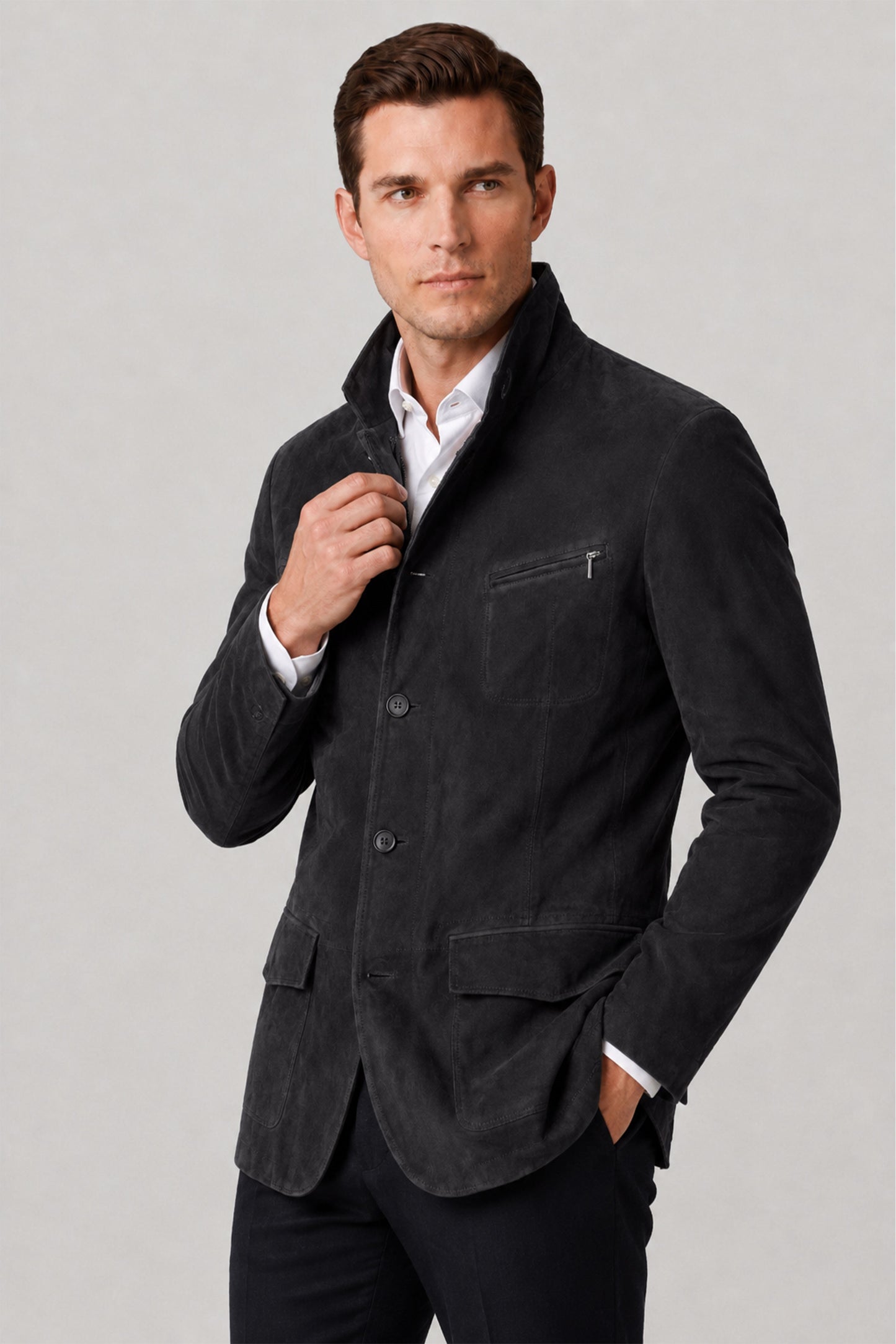 Black Felix Men's Lined Slim Fit Narrow Cut Zippered and Buttoned Blazer Genuine Suede Jacket
