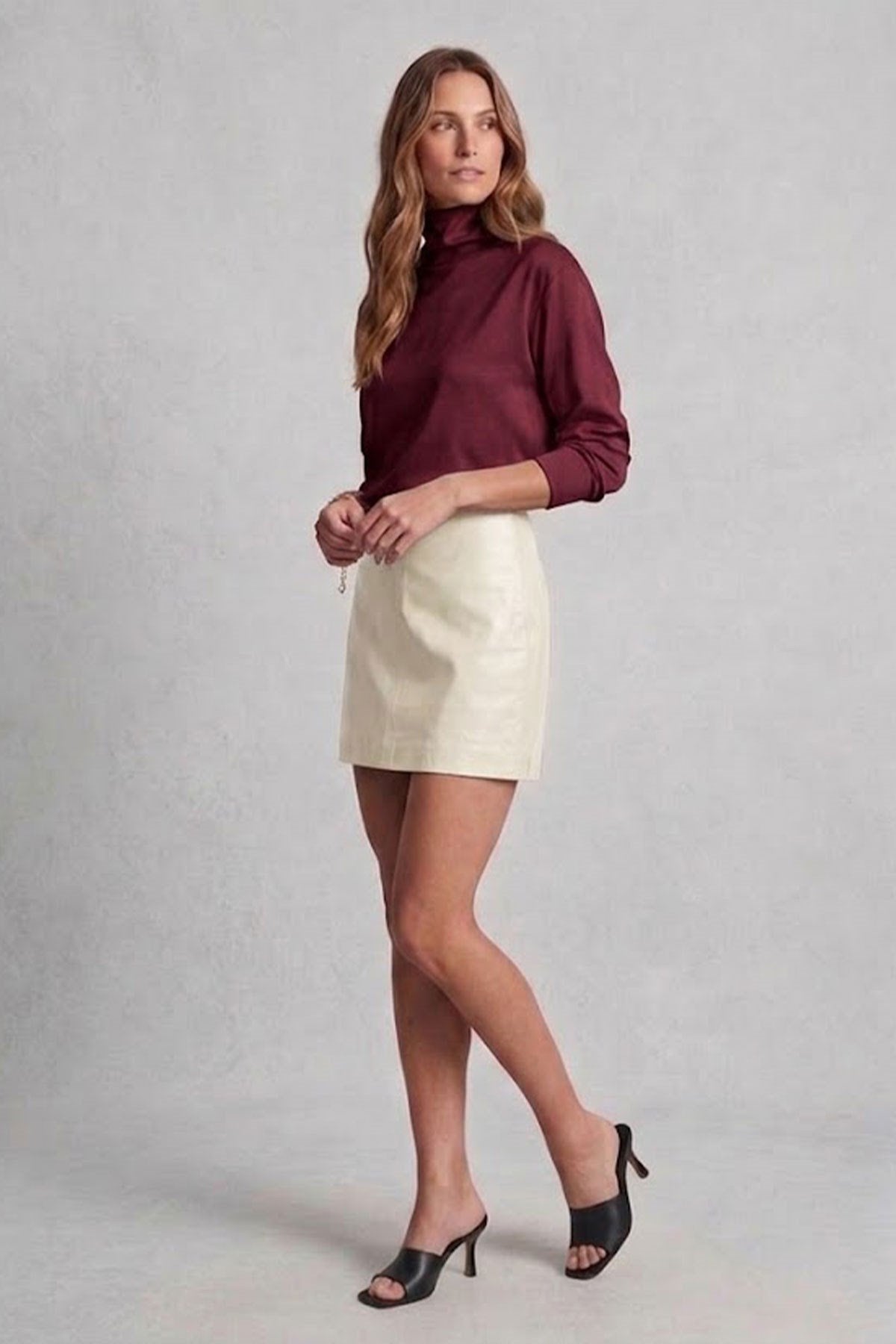 Beige Genuine Leather Mini Skirt