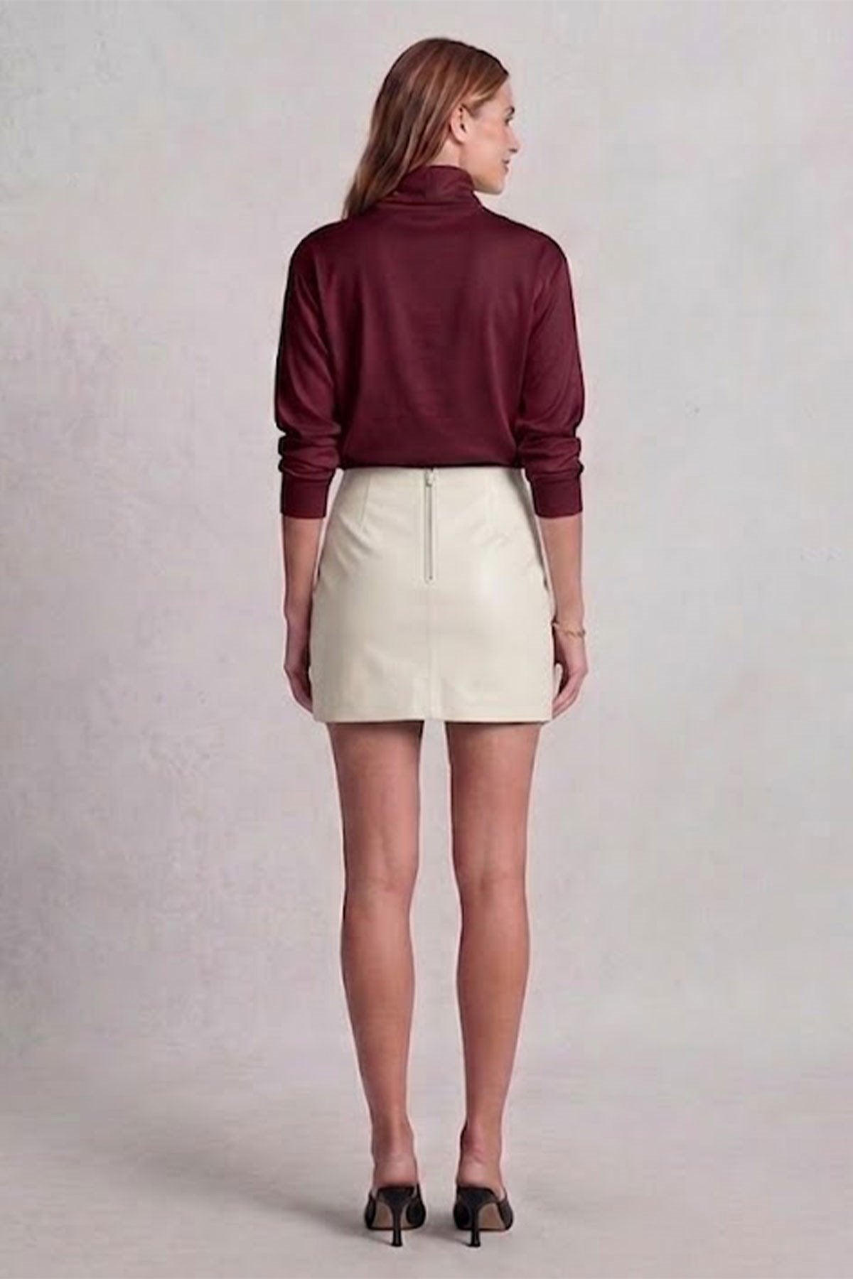 Beige Genuine Leather Mini Skirt