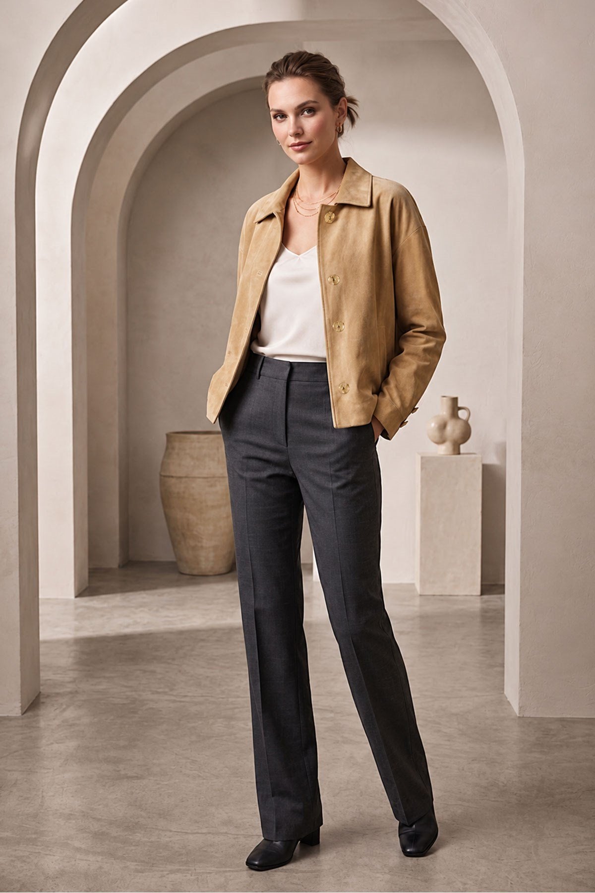 Beige Suede Women's Genuine Leather Classic Collar Button-Up Jacket