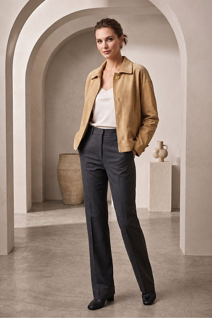 Beige Suede Women's Genuine Leather Classic Collar Button-Up Jacket