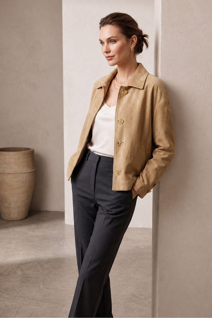 Beige Suede Women's Genuine Leather Classic Collar Button-Up Jacket