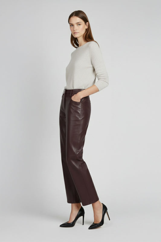 Burgundy Nora Genuine Leather Wide-Leg Women's Pants