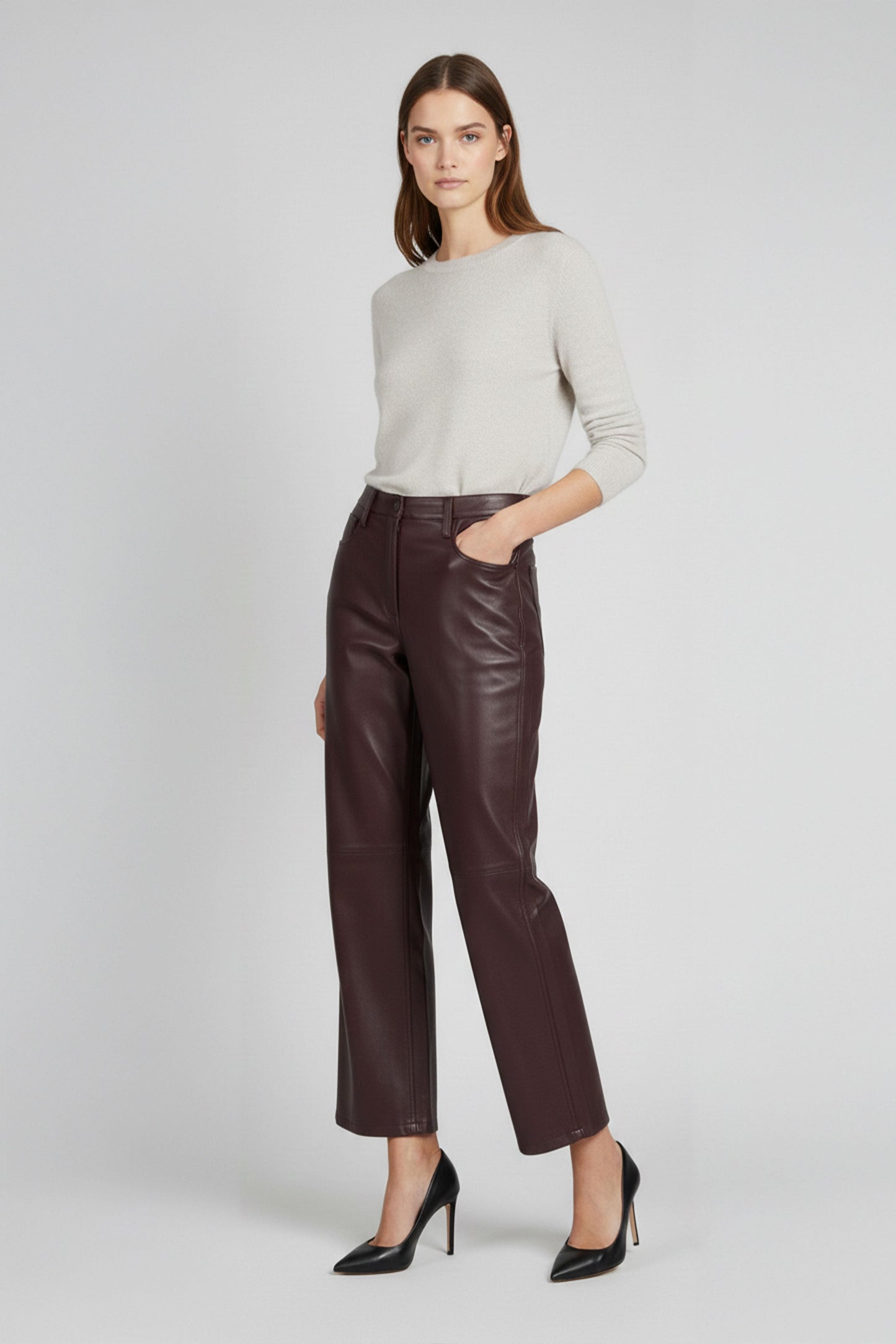 Burgundy Nora Genuine Leather Wide-Leg Women's Pants