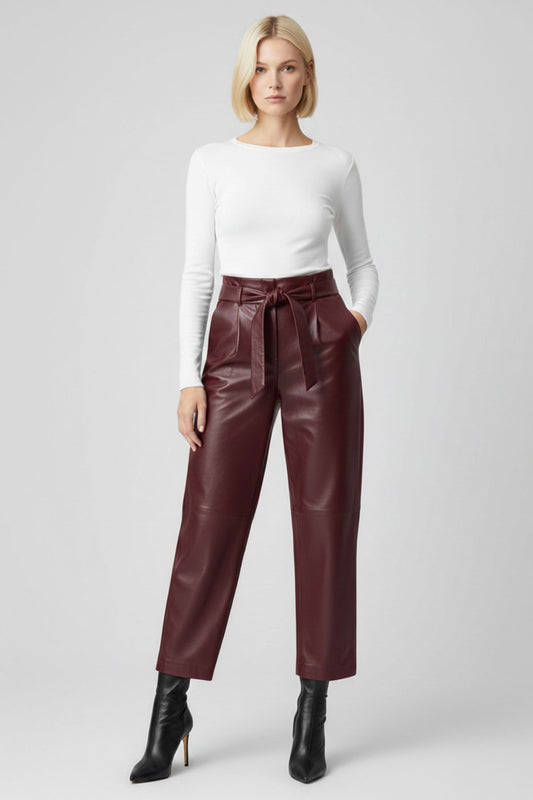 Burgundy Women's Carrot Cut Belted Lined Genuine Leather Trousers with Front Pockets