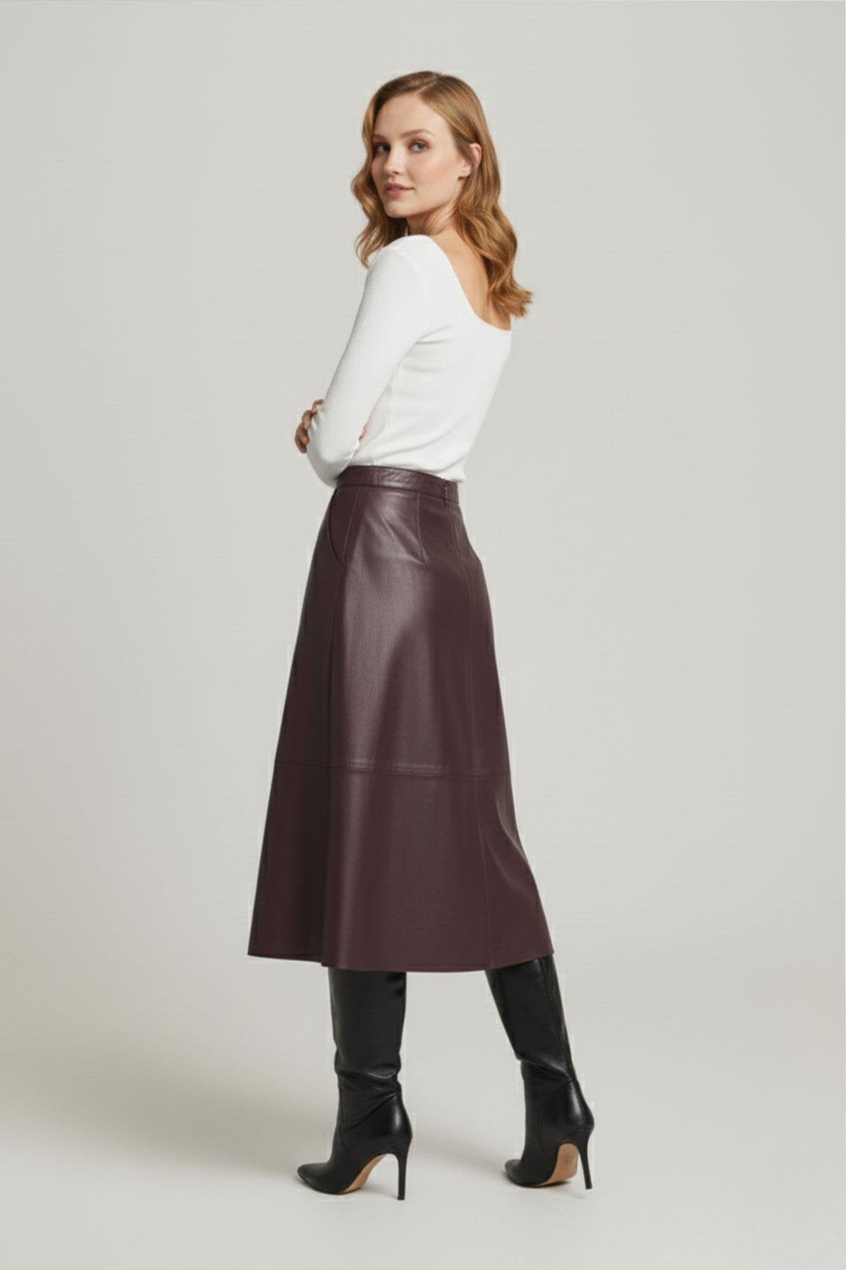 Burgundy Clara Women's Flared Genuine Leather Skirt
