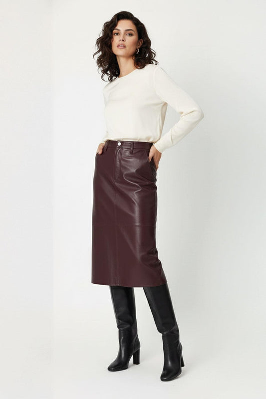 Burgundy Mita Midi Genuine Leather Women's Skirt
