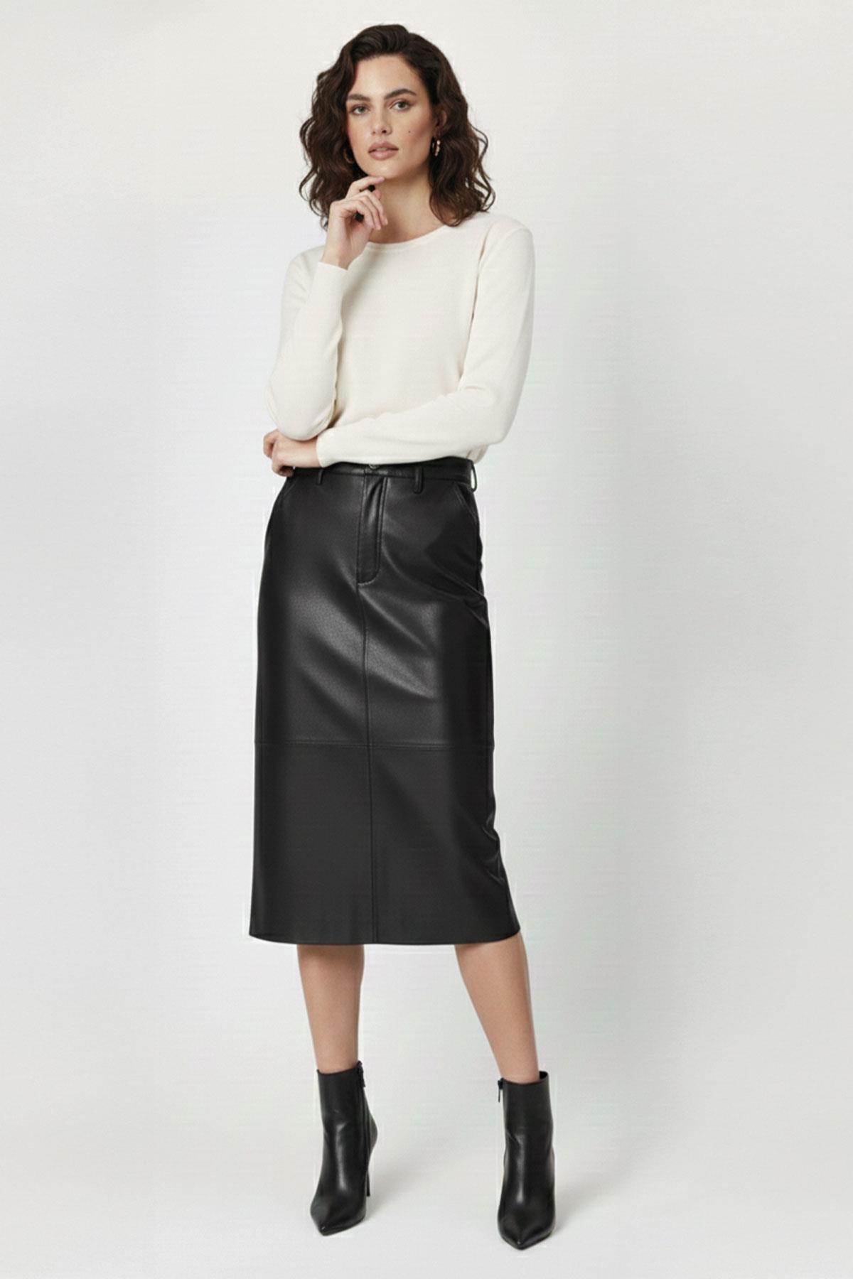 Black Mita Midi Genuine Leather Women's Skirt