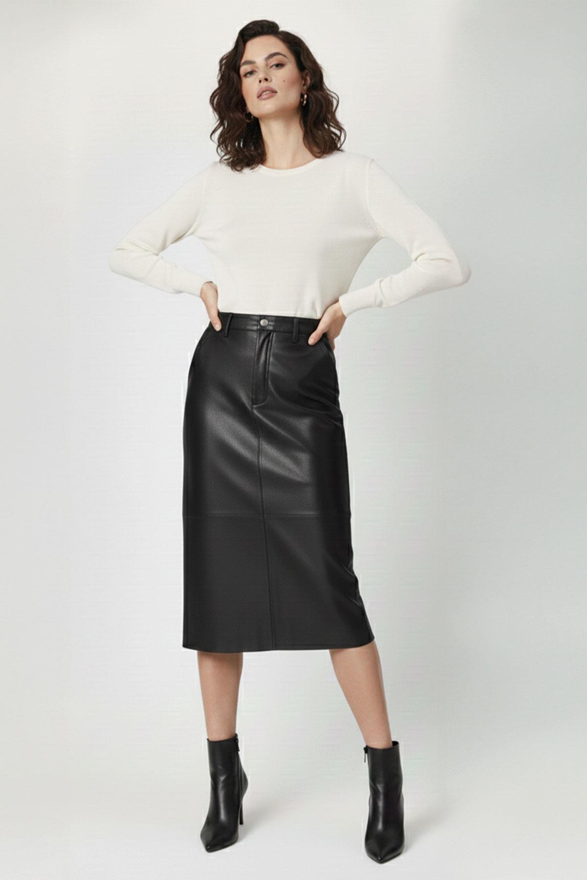 Black Mita Midi Genuine Leather Women's Skirt
