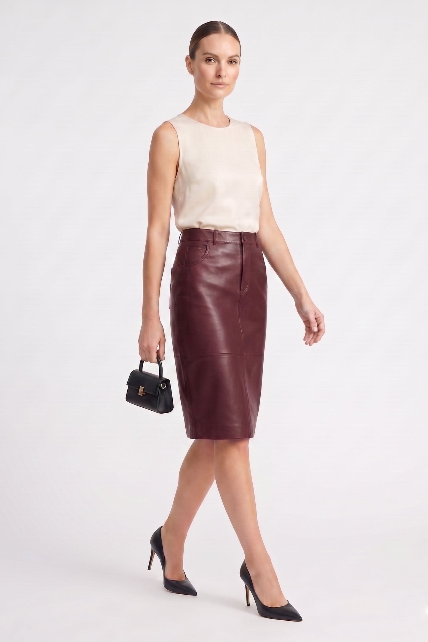 Burgundy Mita Midi Genuine Leather Women's Skirt