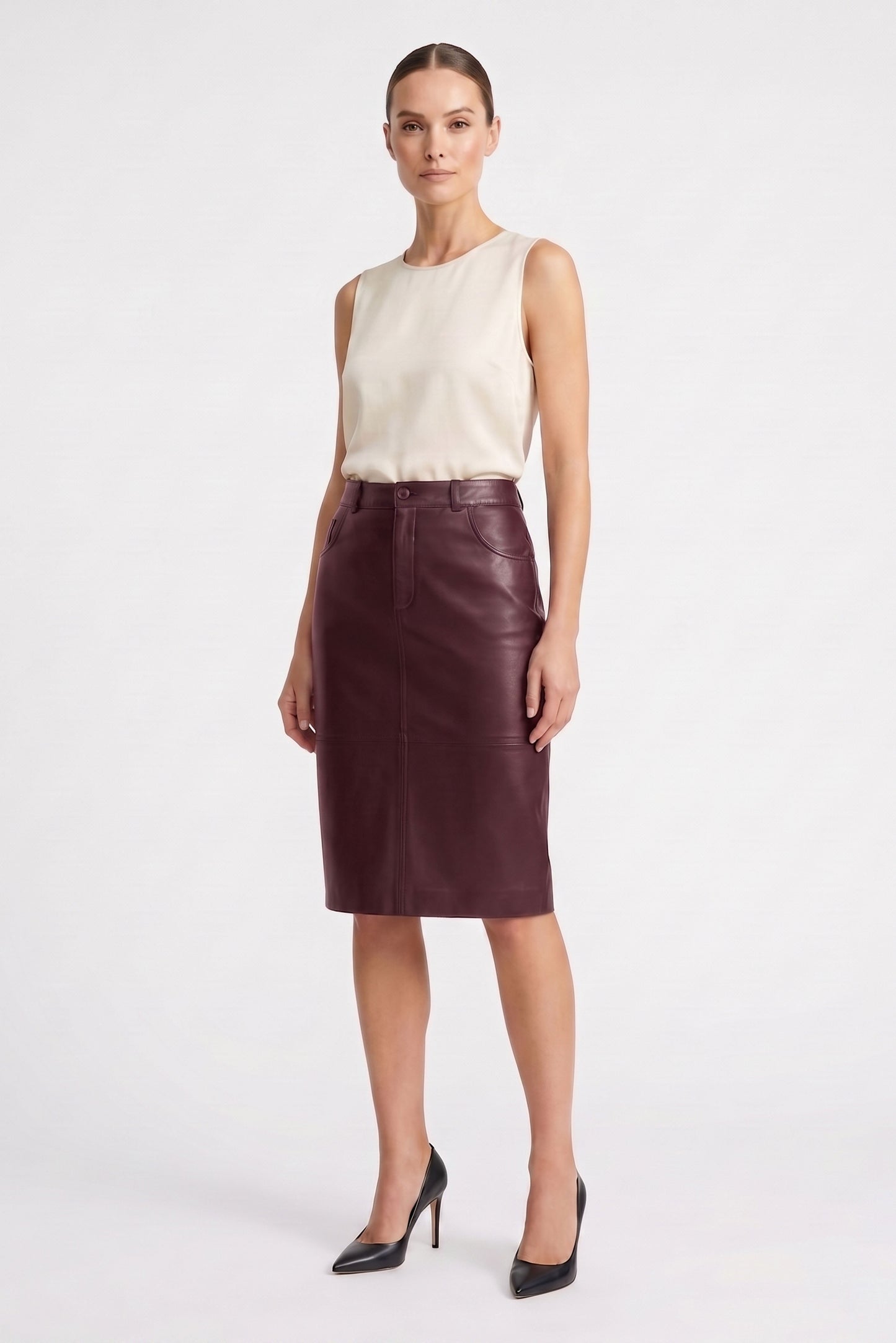 Burgundy Mita Midi Genuine Leather Women's Skirt