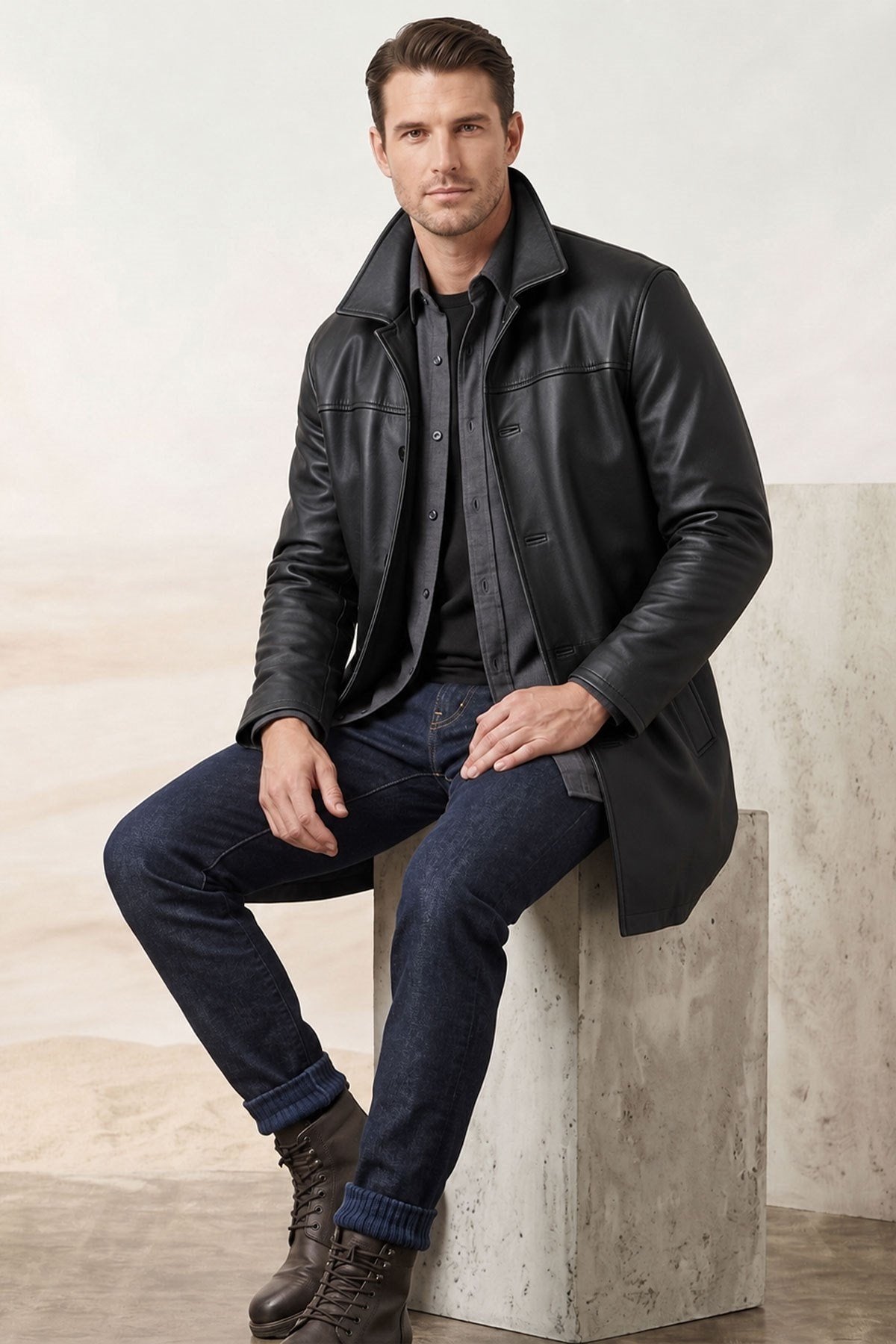 Dean Black Genuine Leather Men's Coat
