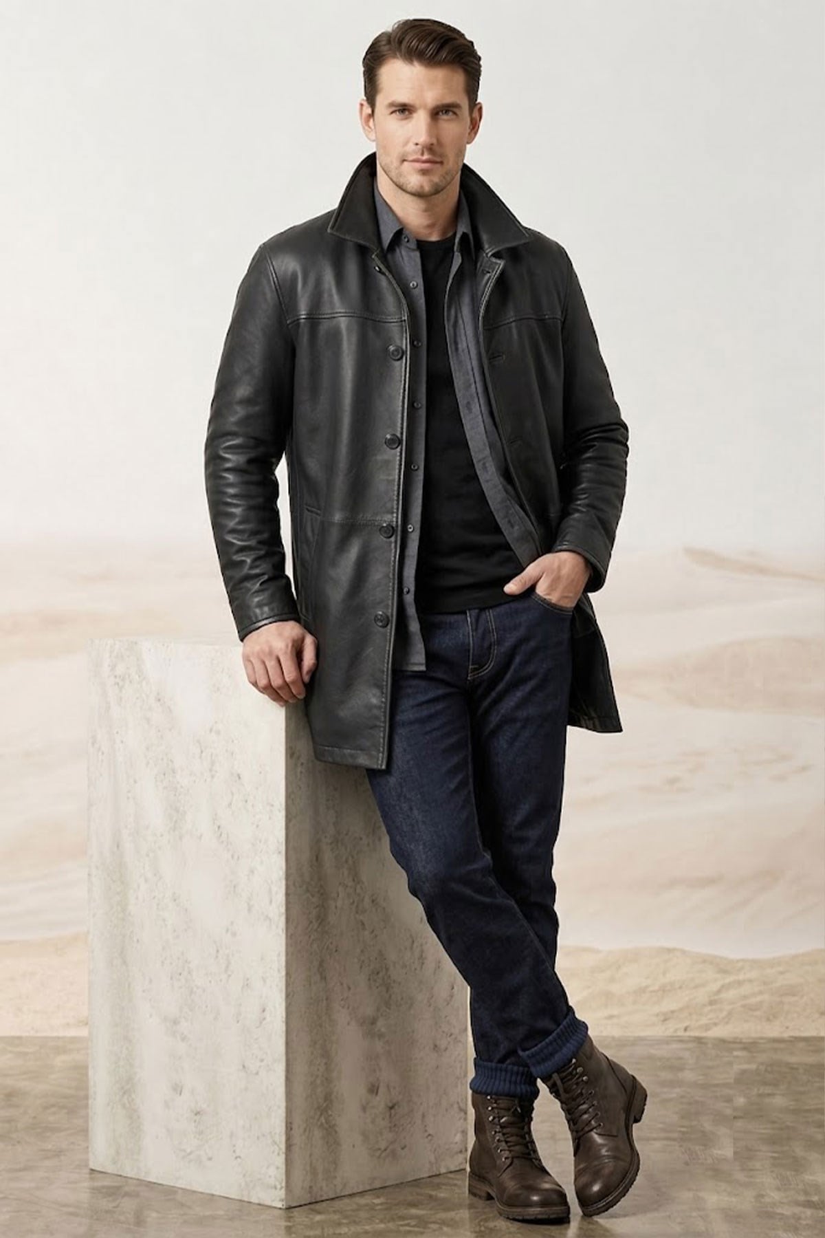 Dean Black Genuine Leather Men's Coat