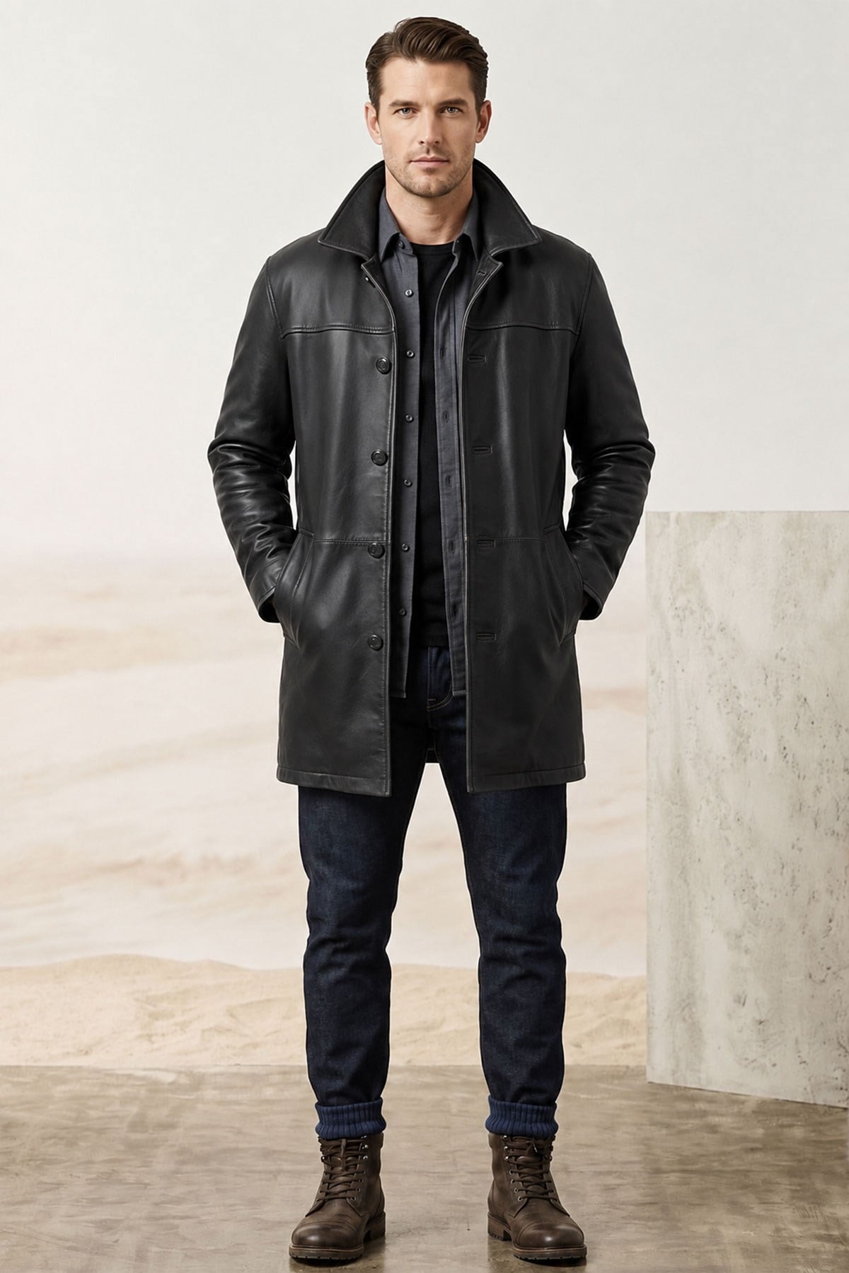 Dean Black Genuine Leather Men's Coat