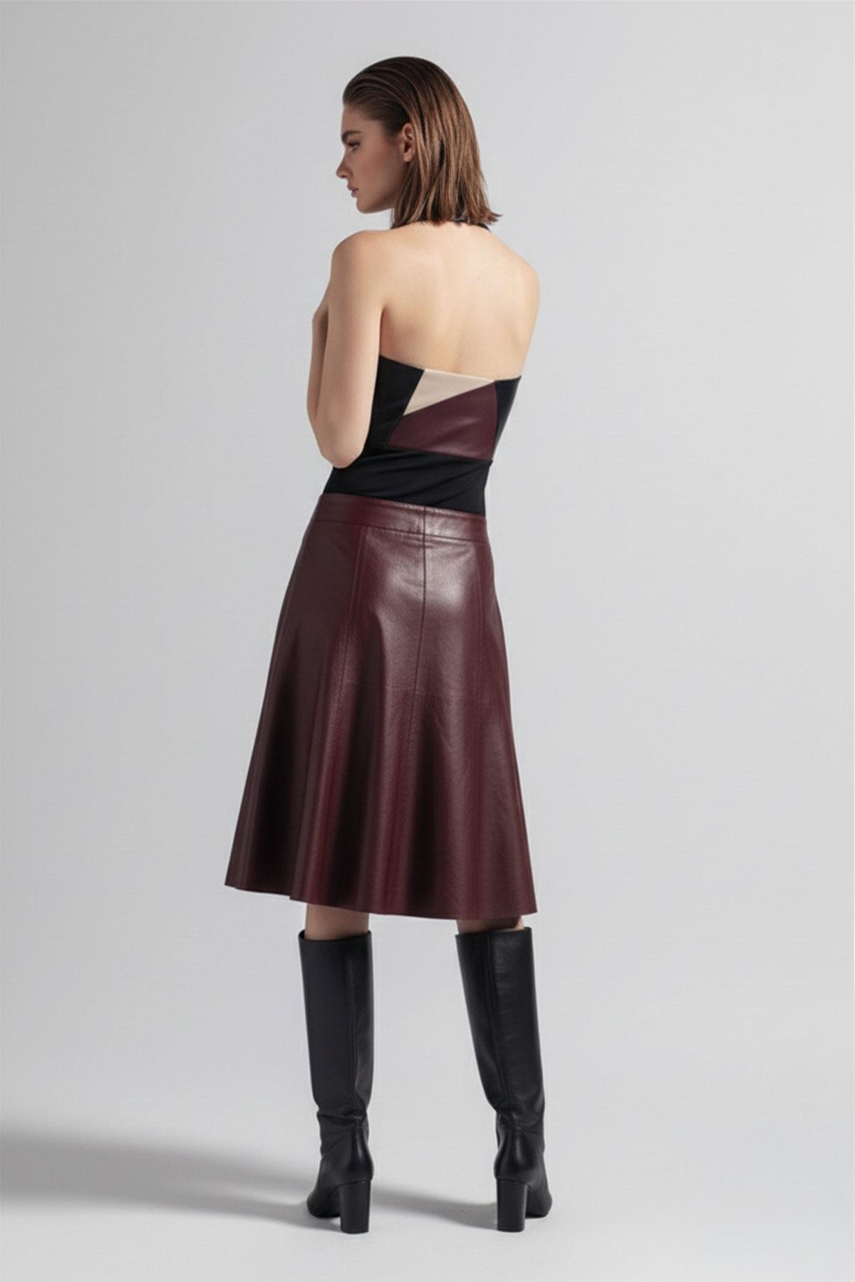 Burgundy Women's Loose Fit Genuine Leather Skirt