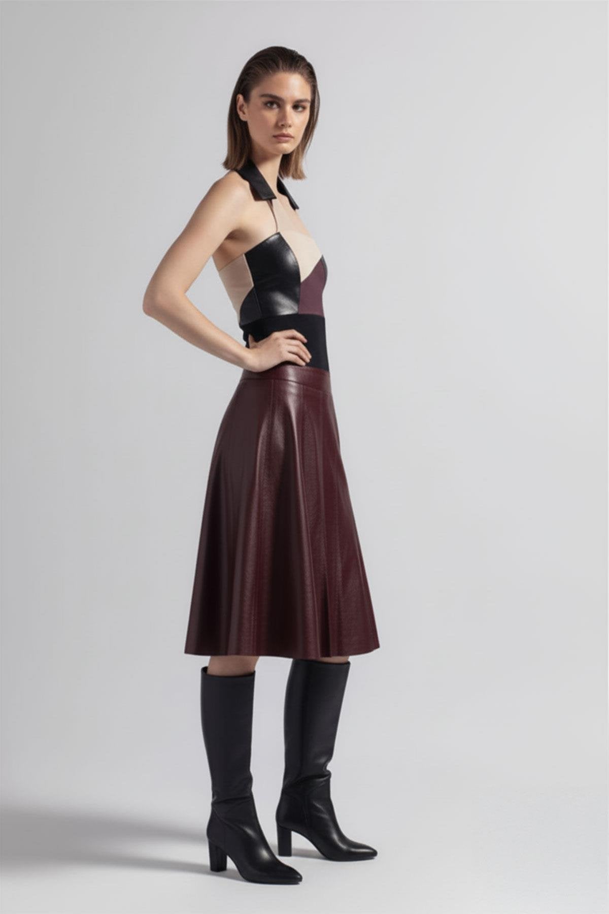 Burgundy Women's Loose Fit Genuine Leather Skirt