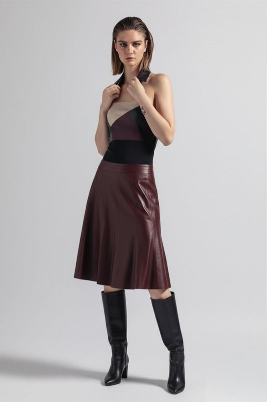 Burgundy Women's Loose Fit Genuine Leather Skirt