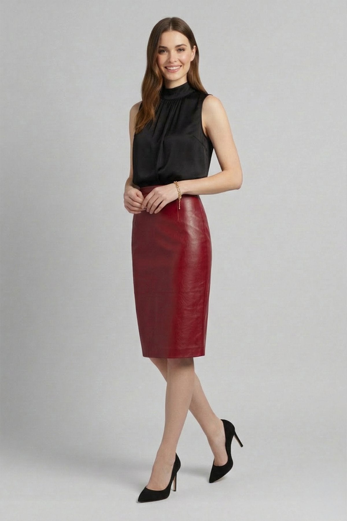 Red Women's Pencil Skirt in Genuine Leather