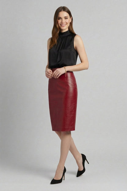 Red Women's Pencil Skirt in Genuine Leather