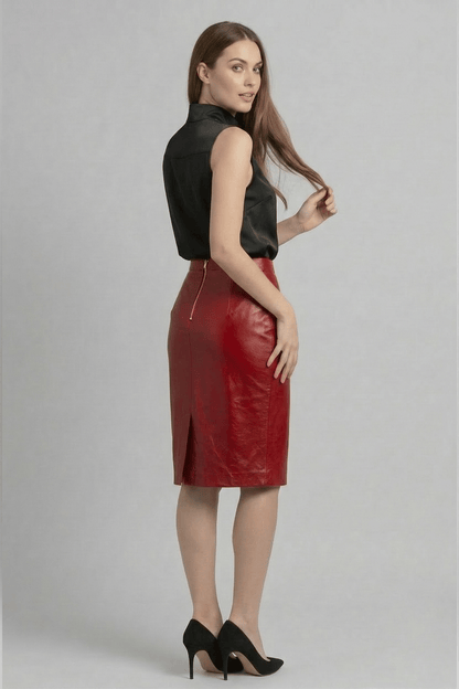 Red Women's Pencil Skirt in Genuine Leather
