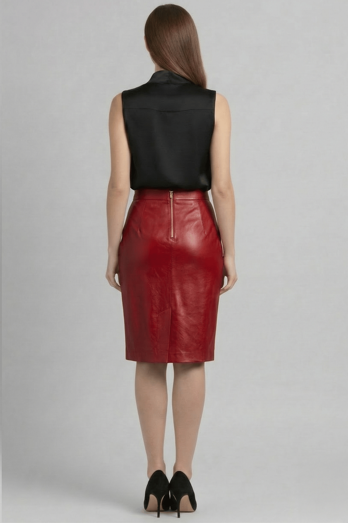 Red Women's Pencil Skirt in Genuine Leather