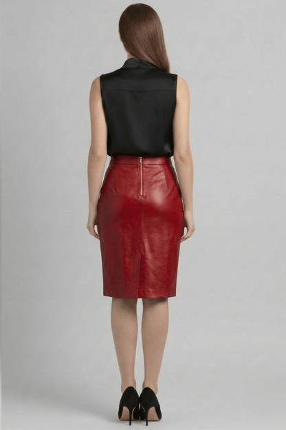 Red Women's Pencil Skirt in Genuine Leather