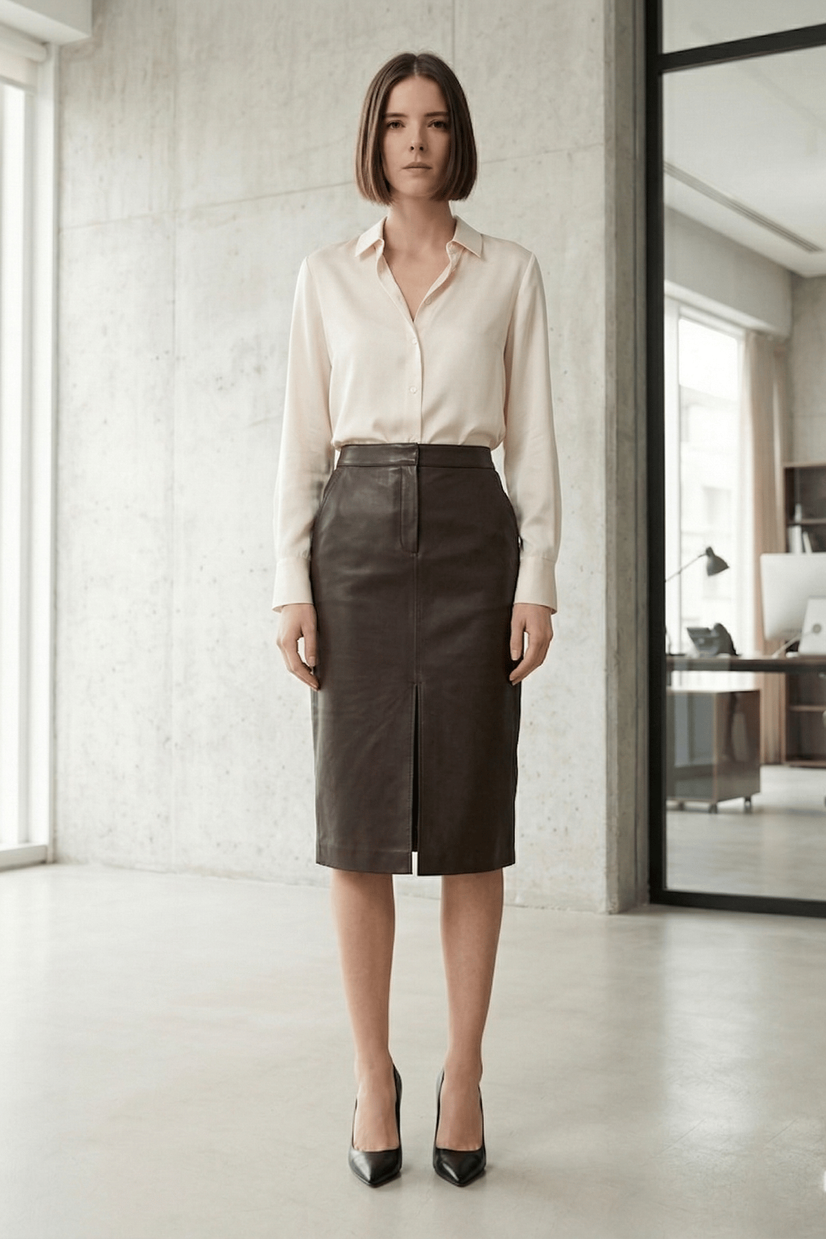 Brown Lina Slit Detailed Midi Genuine Leather Women's Skirt