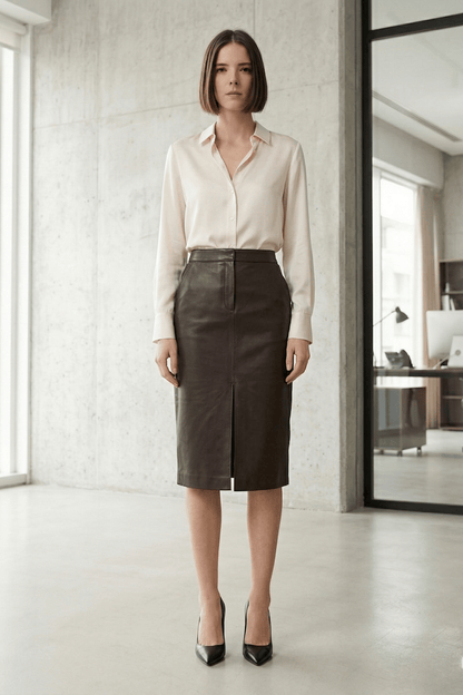 Brown Lina Slit Detailed Midi Genuine Leather Women's Skirt