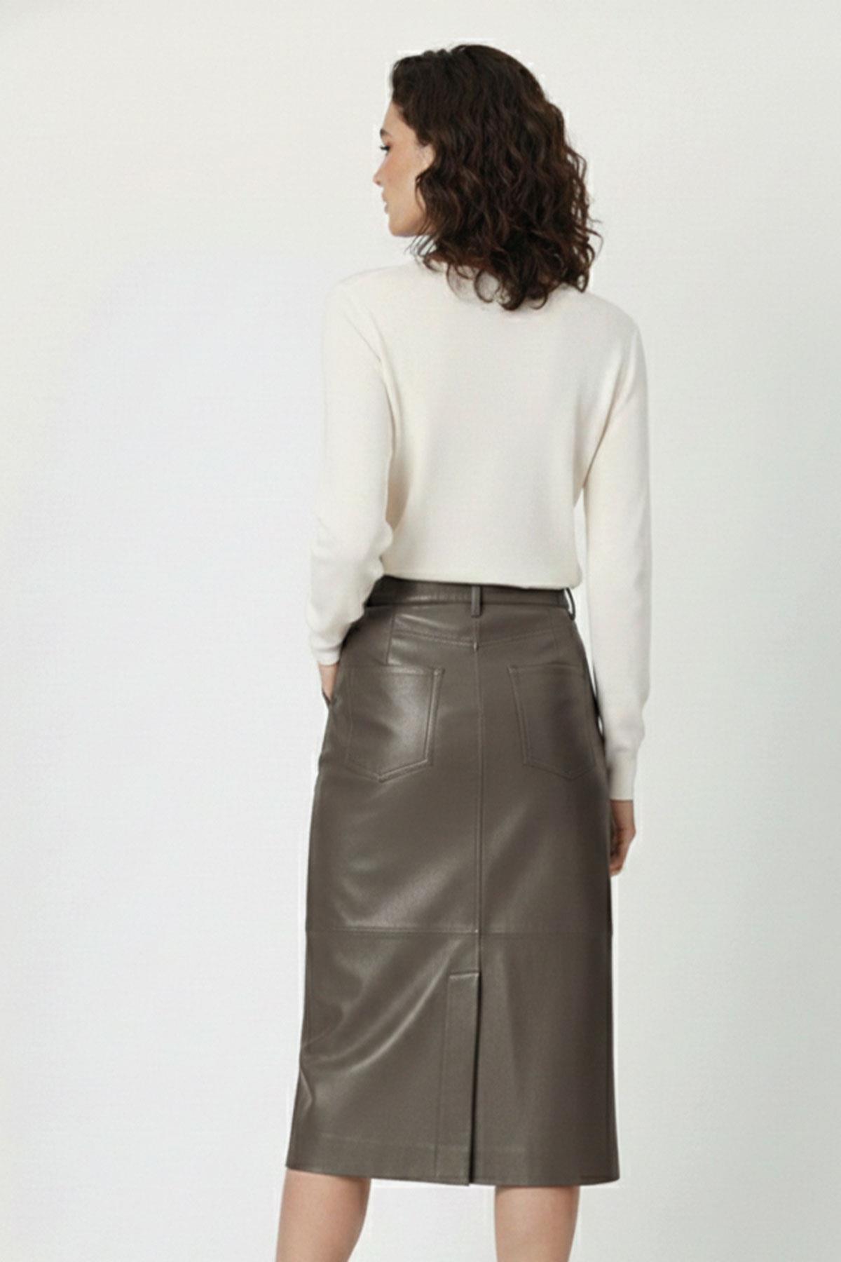Grey Mita Midi Genuine Leather Women's Skirt