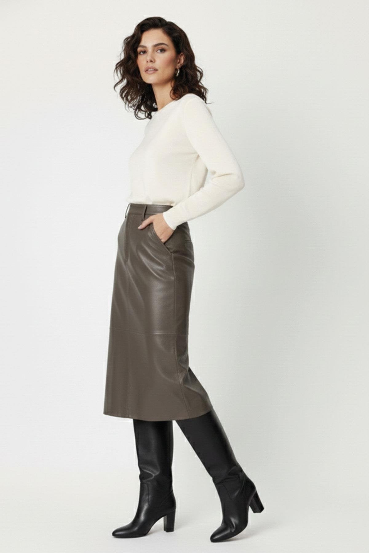 Grey Mita Midi Genuine Leather Women's Skirt