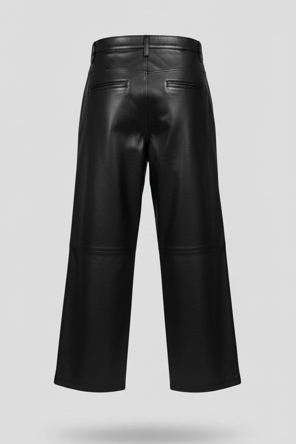 Black Nora Genuine Leather Wide Leg Women's Trousers