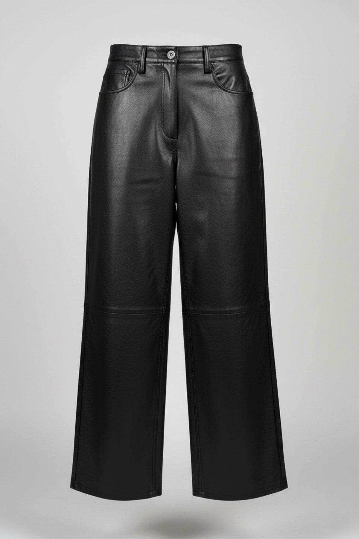 Black Nora Genuine Leather Wide Leg Women's Trousers
