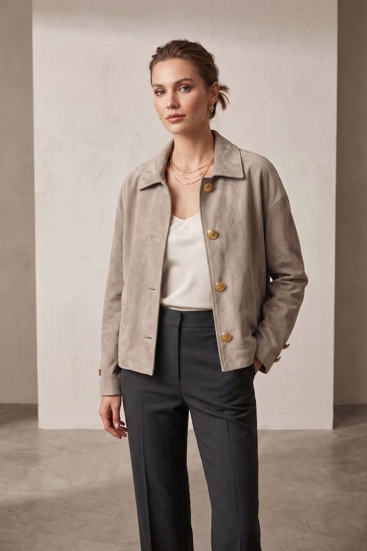 Light Mink Suede Women's Genuine Leather Classic Collar Button-Up Jacket