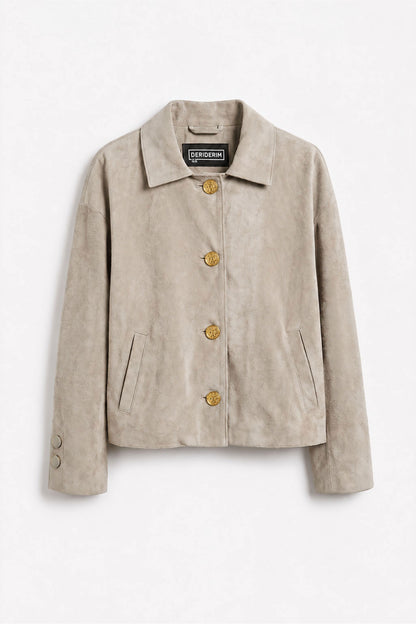 Light Mink Suede Women's Genuine Leather Classic Collar Button-Up Jacket