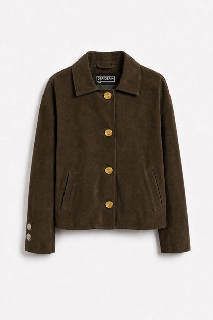 Green Suede Women's Genuine Leather Classic Collar Button-Up Jacket