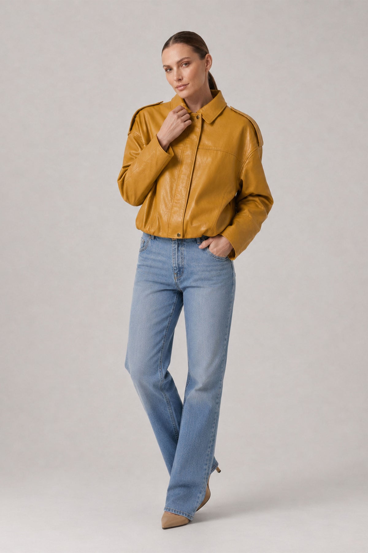 Yellow Genuine Leather Oversize Crop Jacket with Belt and Shoulder Epaulet Detail
