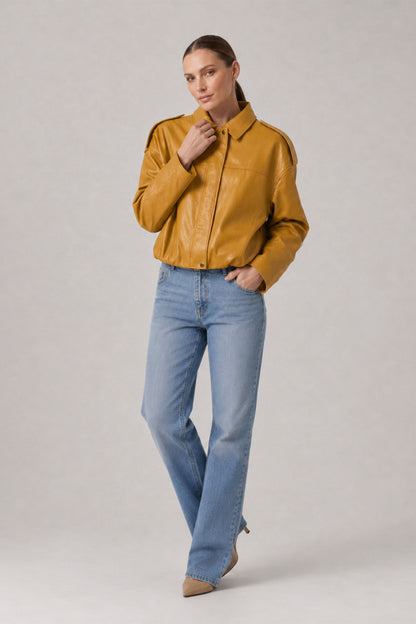 Yellow Genuine Leather Oversize Crop Jacket with Belt and Shoulder Epaulet Detail